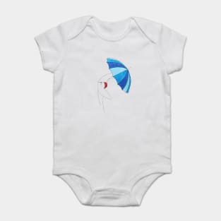 Umbrella Woman n3 by Natasha Kolton · blue tones and white dots red bikini beach girl · simple drawing Baby Bodysuit